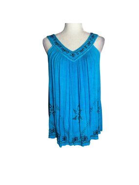 Vintage 90s Boho Embroidered Sleeveless Tunic Top Medium Blue V Neck Beaded